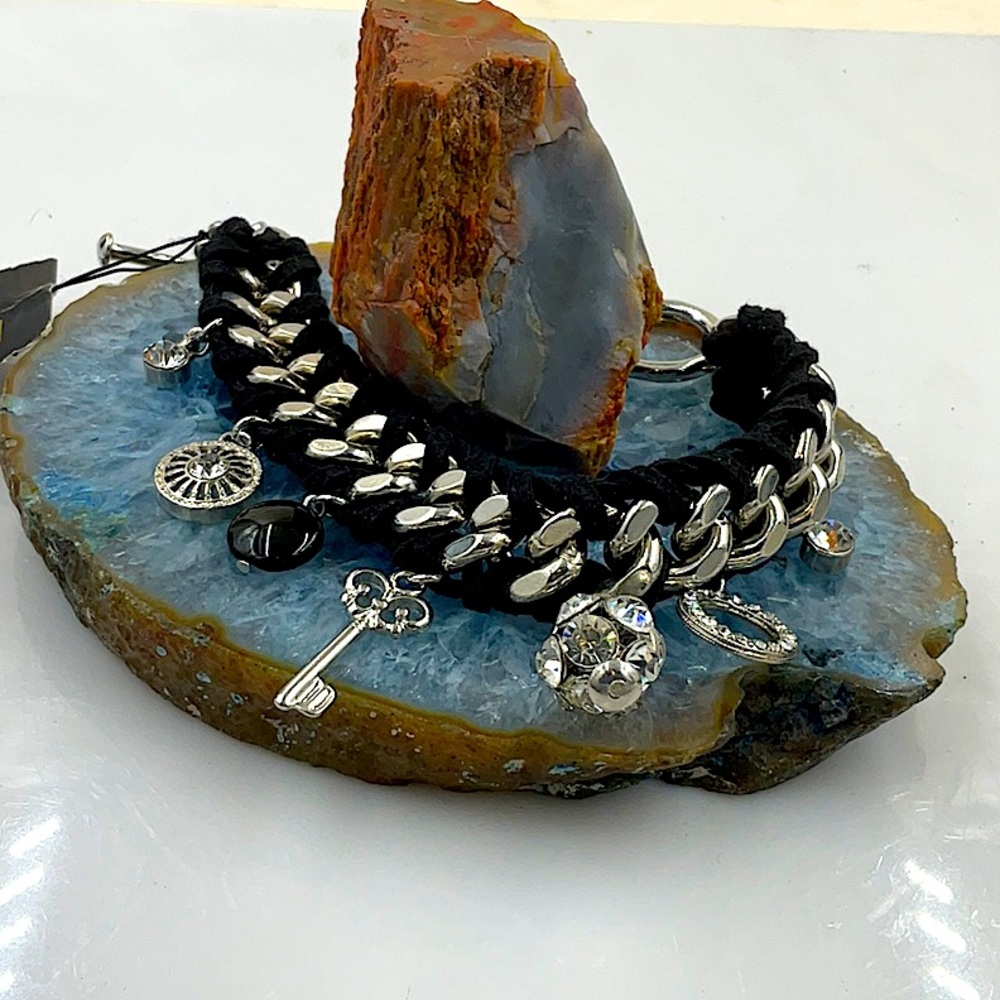 MIXIT 7” Black Leather Weaved Through Silver Charm Bracelet - Picture 1 of 7